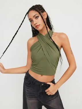 Cider Cross Halter Shirred Back Crop Top - Olive Green